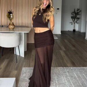 ZW COLLECTION SEMI-SHEER DRAPED Brown SKIRT Size：S